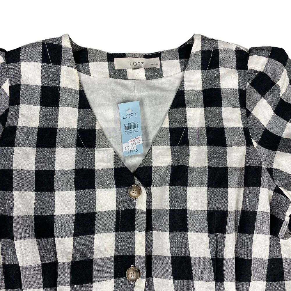 LOFT Dress Womens 8P Petite Black White Plaid Button V-Neck Checkered Casual NWT - Picture 4 of 10